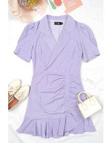 Fine Notch Collar Pleated Side Split Frill Hem Dress (Pastel Purple)